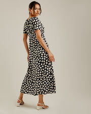 Daisy Print Chiffon Front Slit Dress | Black