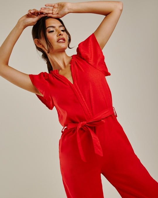 Wide Leg Belted Jumpsuit | Red