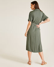 Button Up Short Sleeve Midi Dress | Dark Khaki