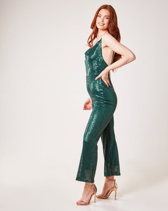 Cowl Neck Sequin Jumpsuit | Forest Green
