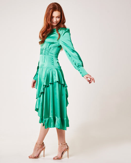 Detailed Waist Ruffled Panel Midi Dress | Green