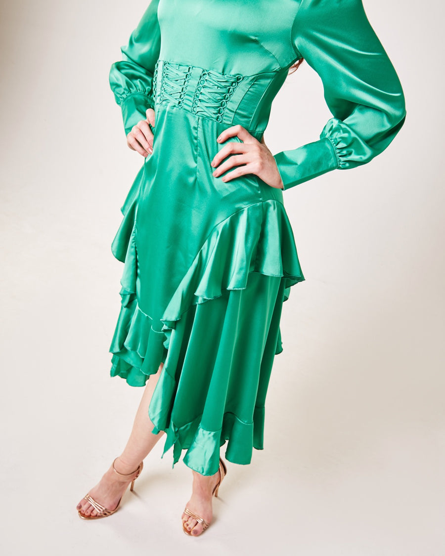 Detailed Waist Ruffled Panel Midi Dress | Green
