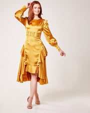 Detailed Waist Ruffled Panel Midi Dress | Mustard