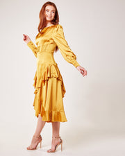 Detailed Waist Ruffled Panel Midi Dress | Mustard