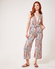 Plunged Paisley Print Jumpsuit | White