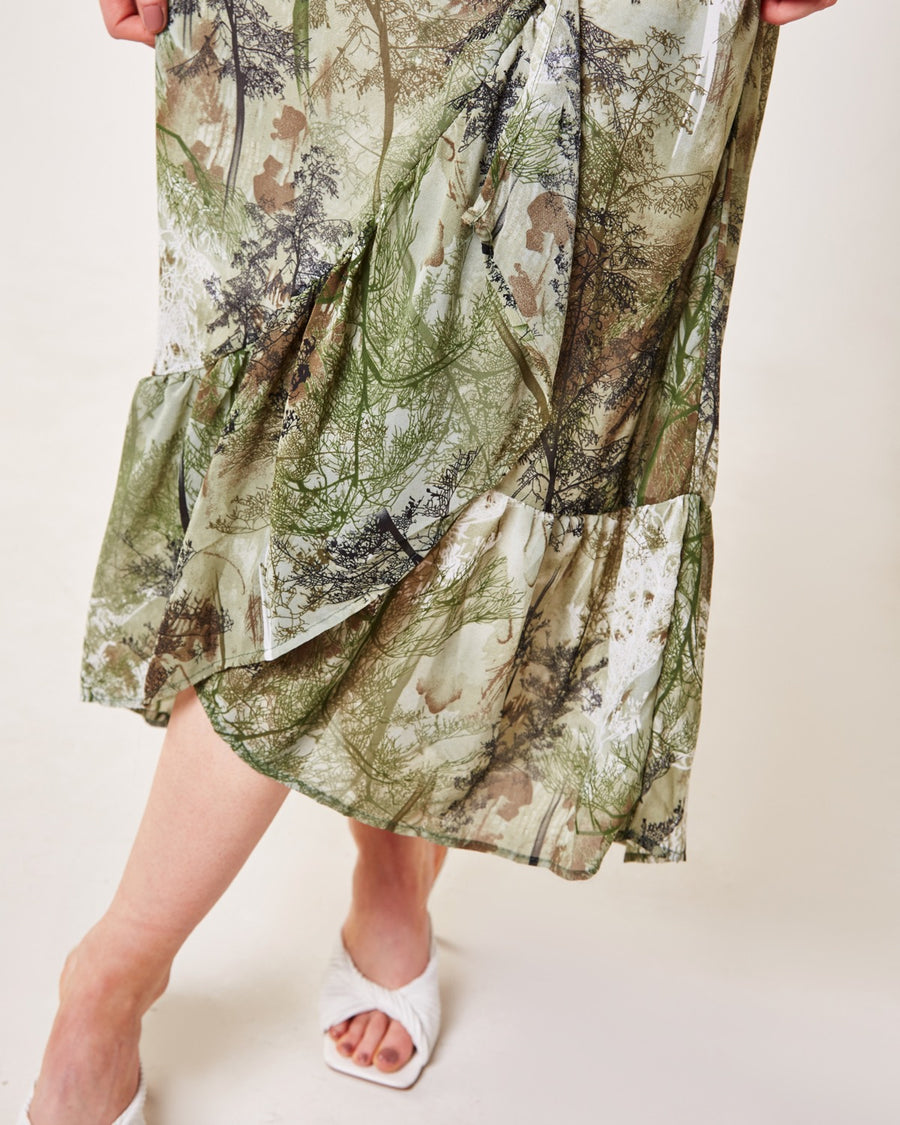 Forest Print Frilled Panel Maxi Dress | Olive