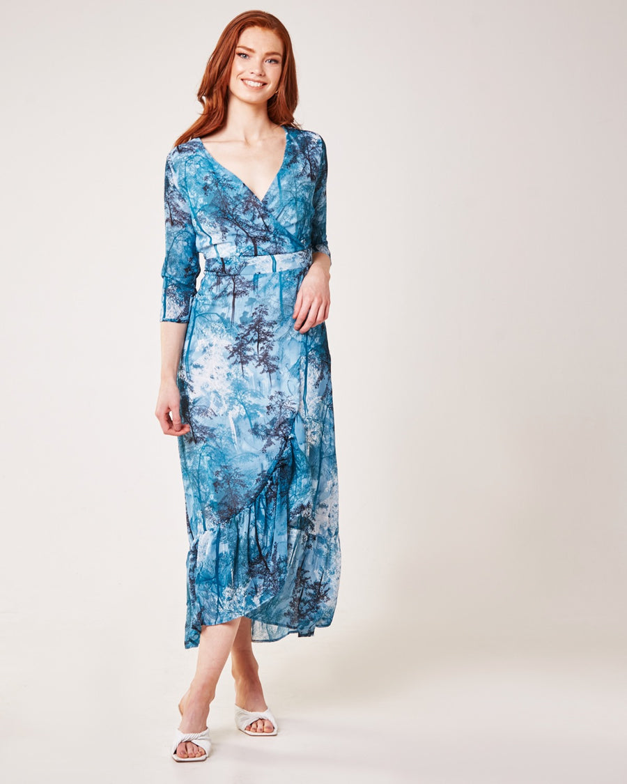 Forest Print Frilled Panel Maxi Dress | Blue