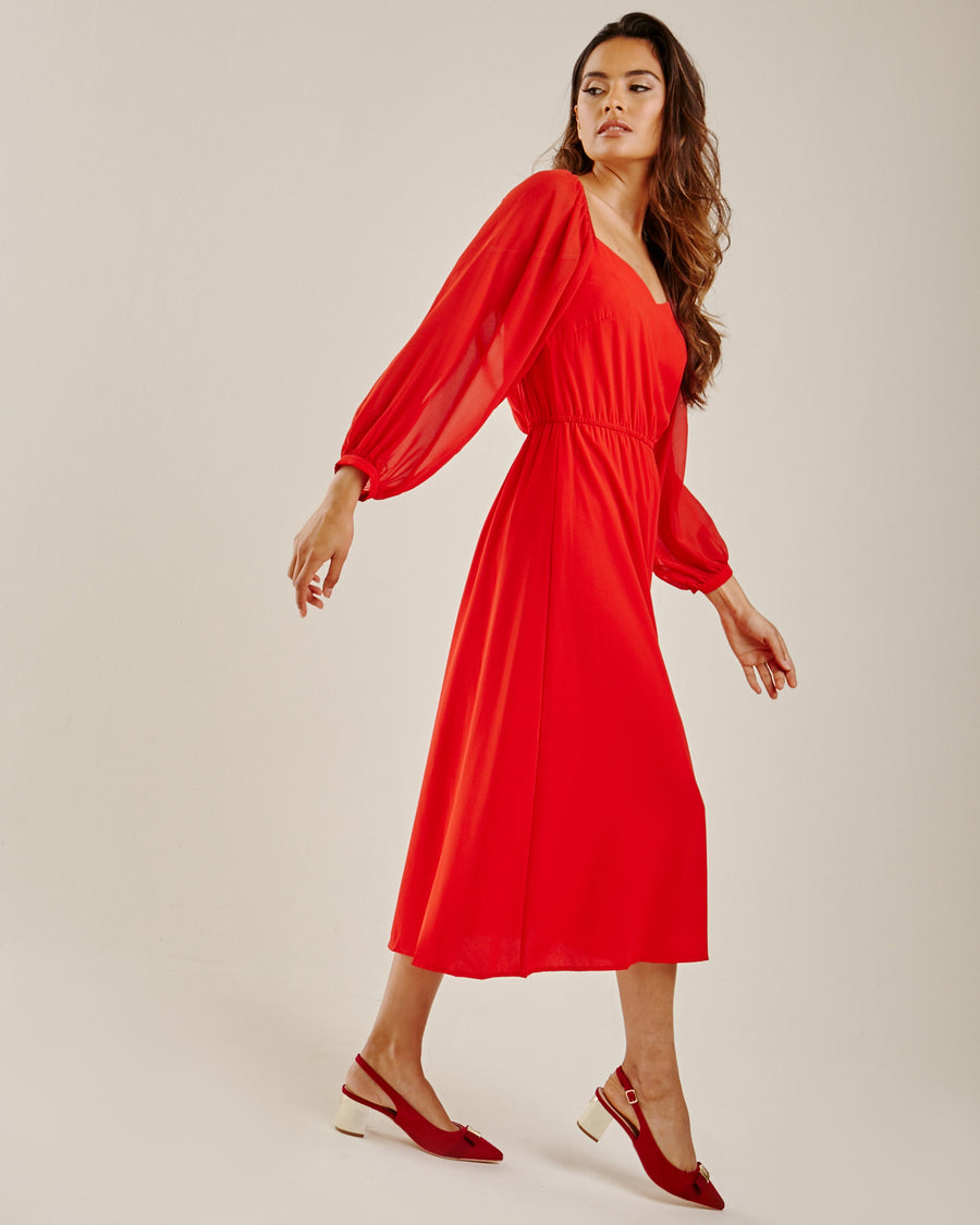 Balloon Sleeve Midi Dress | Red