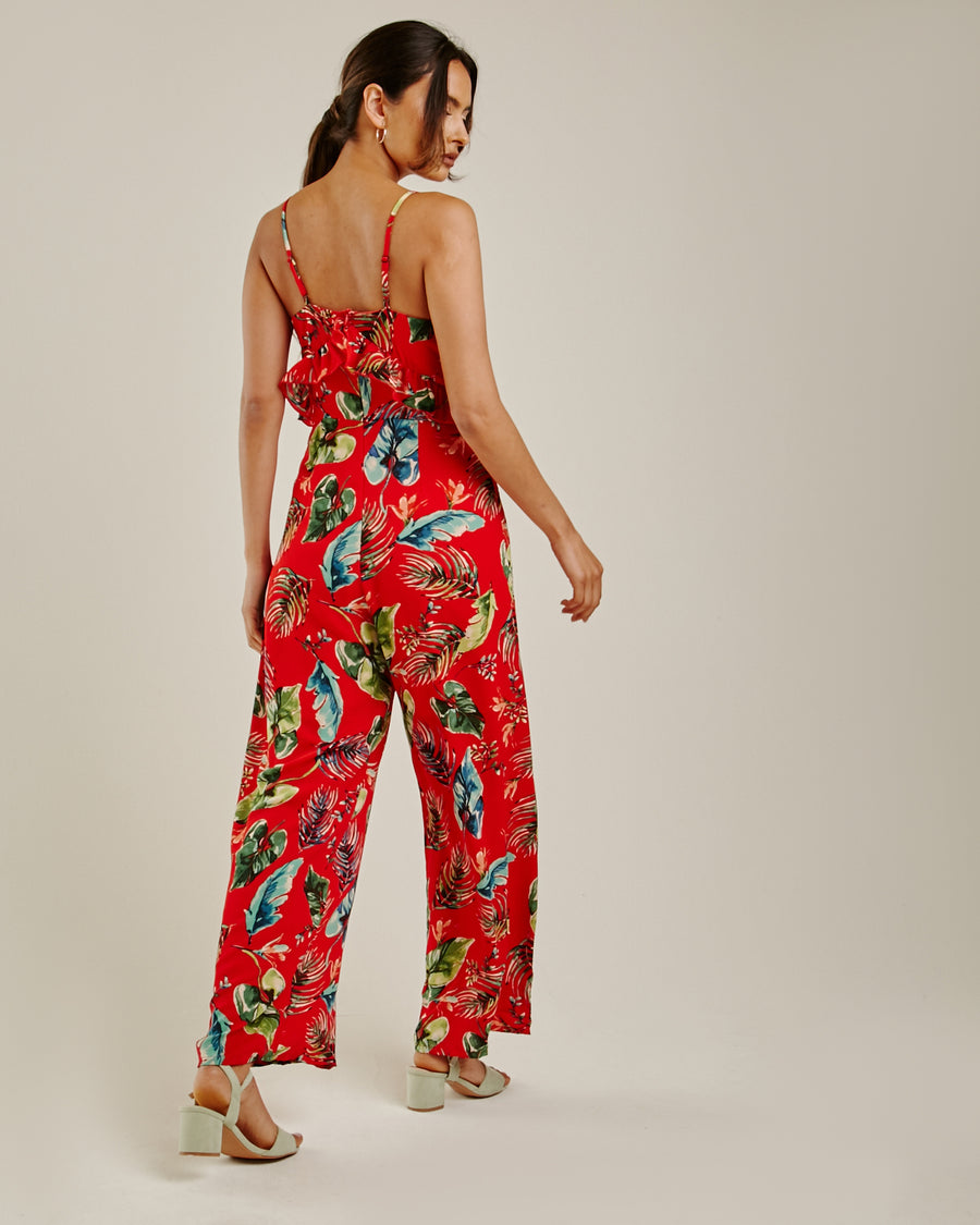 Tropical Print Ruffled Jumpsuit | Red