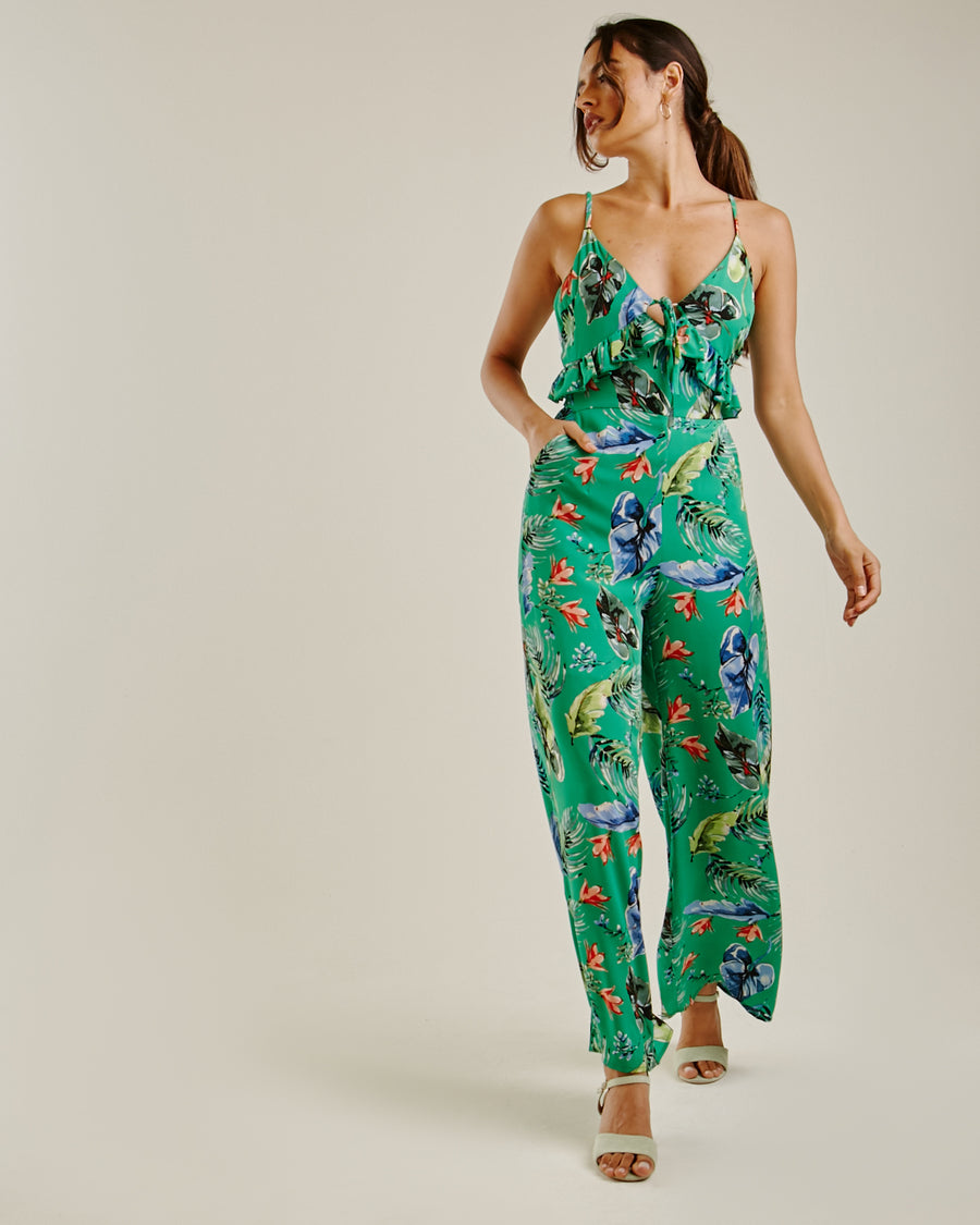 Tropical Print Ruffled Jumpsuit | Green