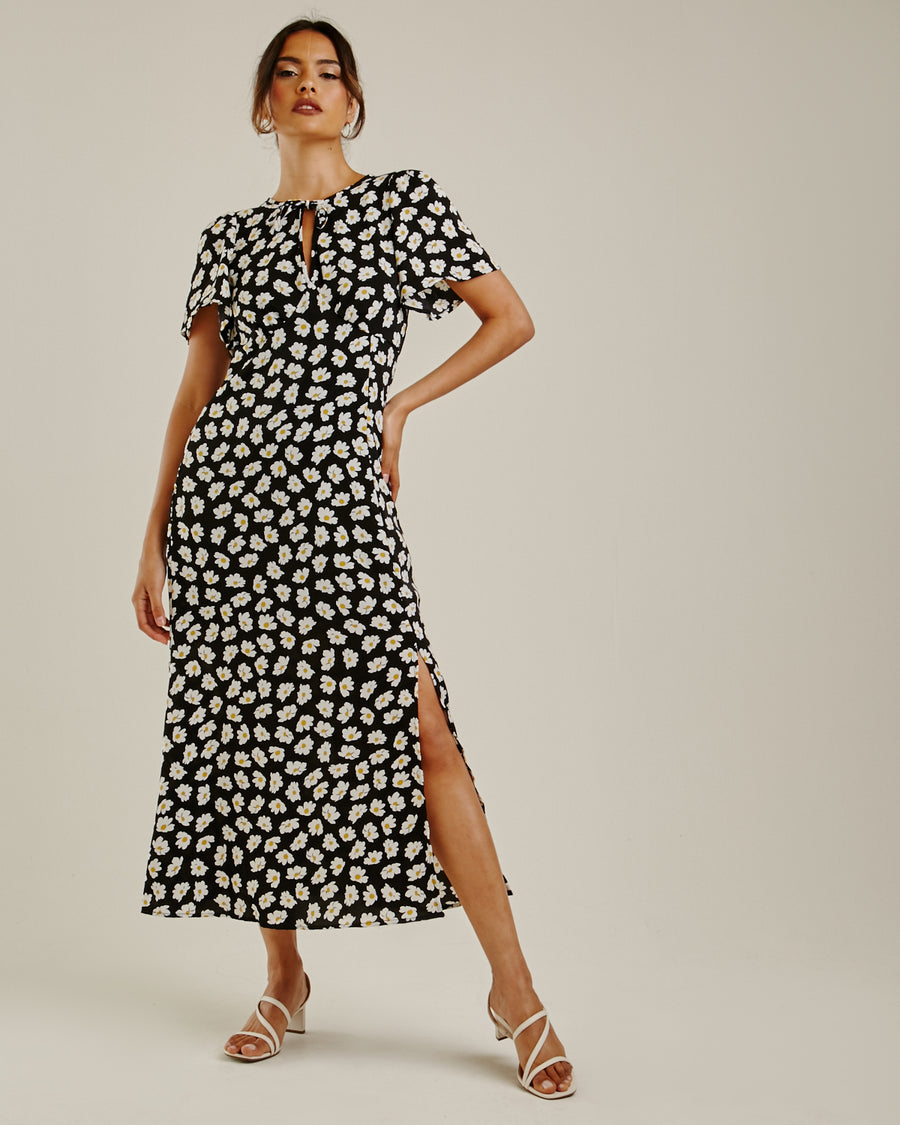 Daisy Print Chiffon Front Slit Dress | Black