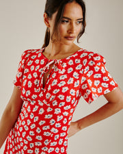 Daisy Print Chiffon Front Slit Dress | Red