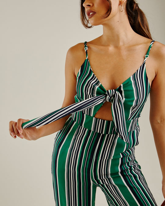 Front Knot Vertical Striped Jumpsuit | Green