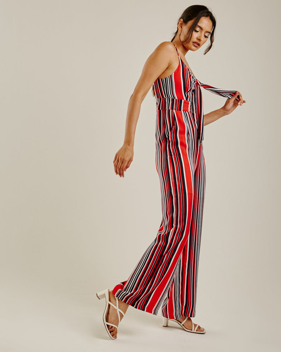 Front Knot Vertical Striped Jumpsuit | Red