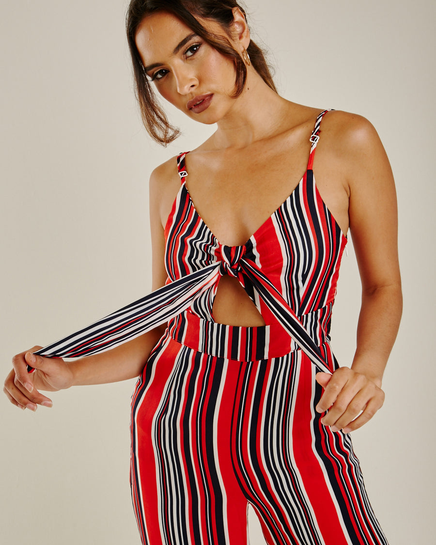 Front Knot Vertical Striped Jumpsuit | Red