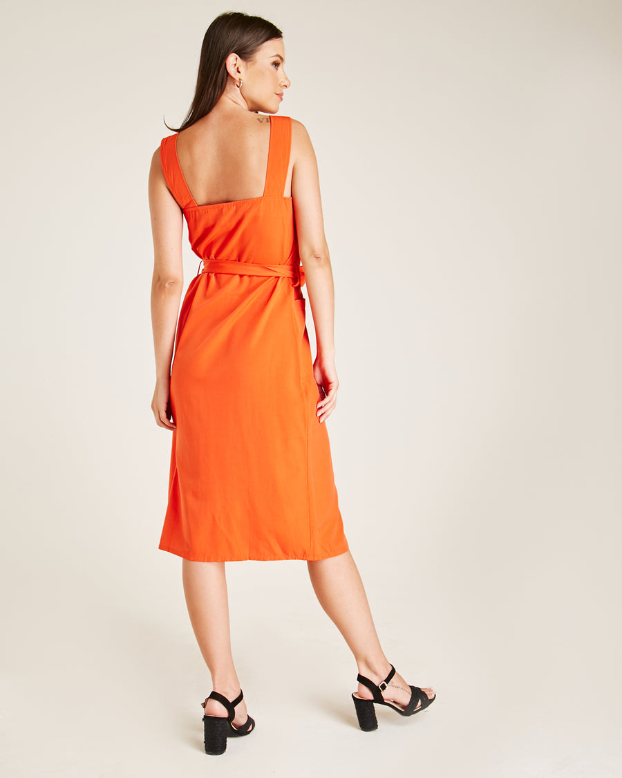 Button Front Pinafore Dress | Orange Red