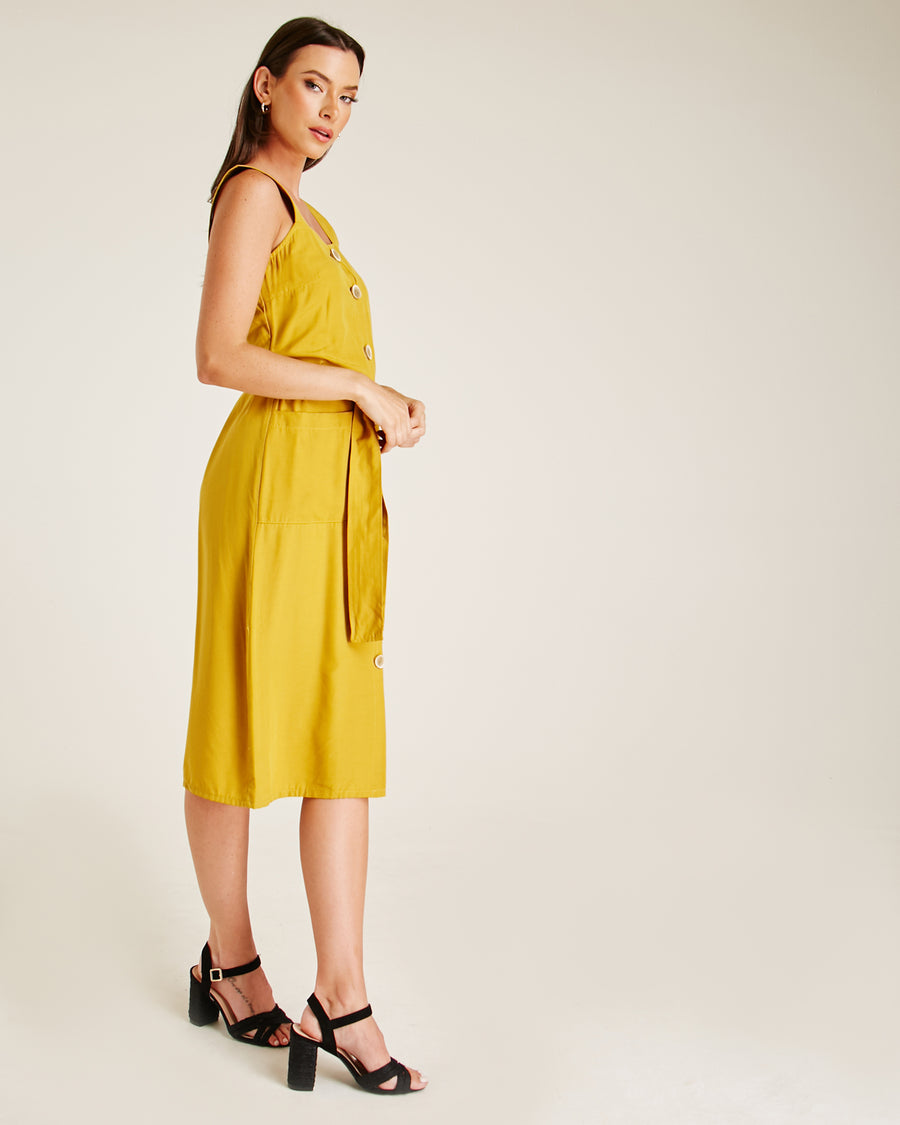 Button Front Pinafore Dress | Mustard