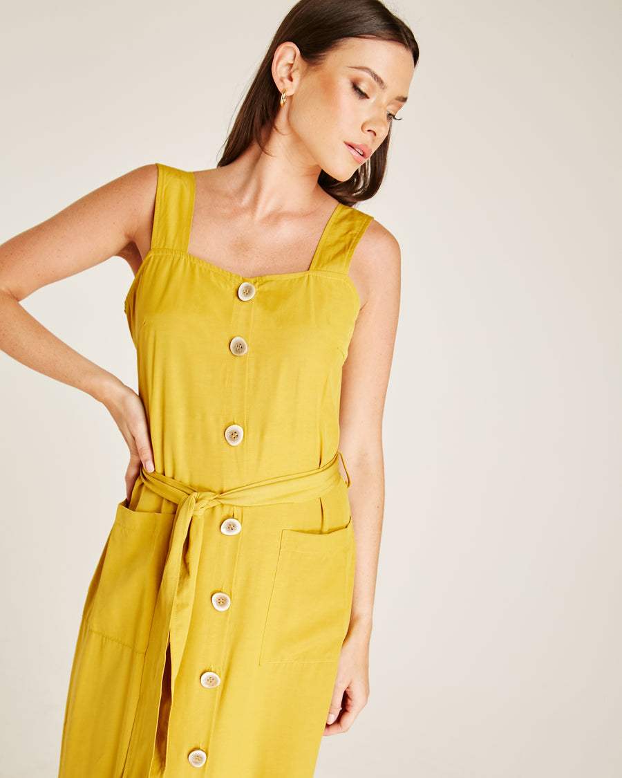 Button Front Pinafore Dress | Mustard