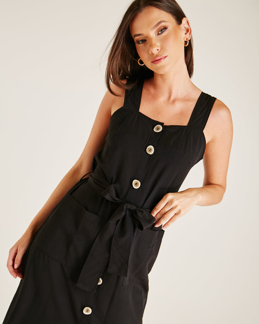 Button Front Pinafore Dress | Black