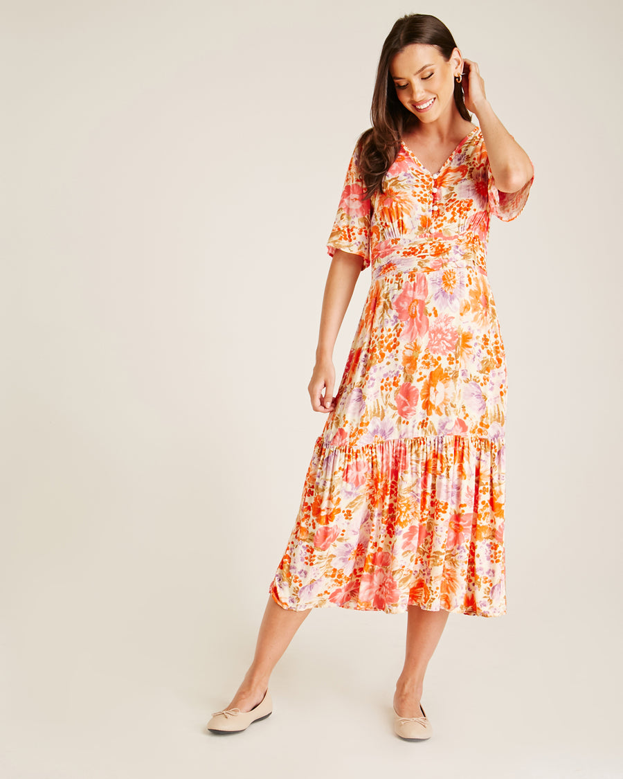 Floral Midi Buttoned Up Neck Dress