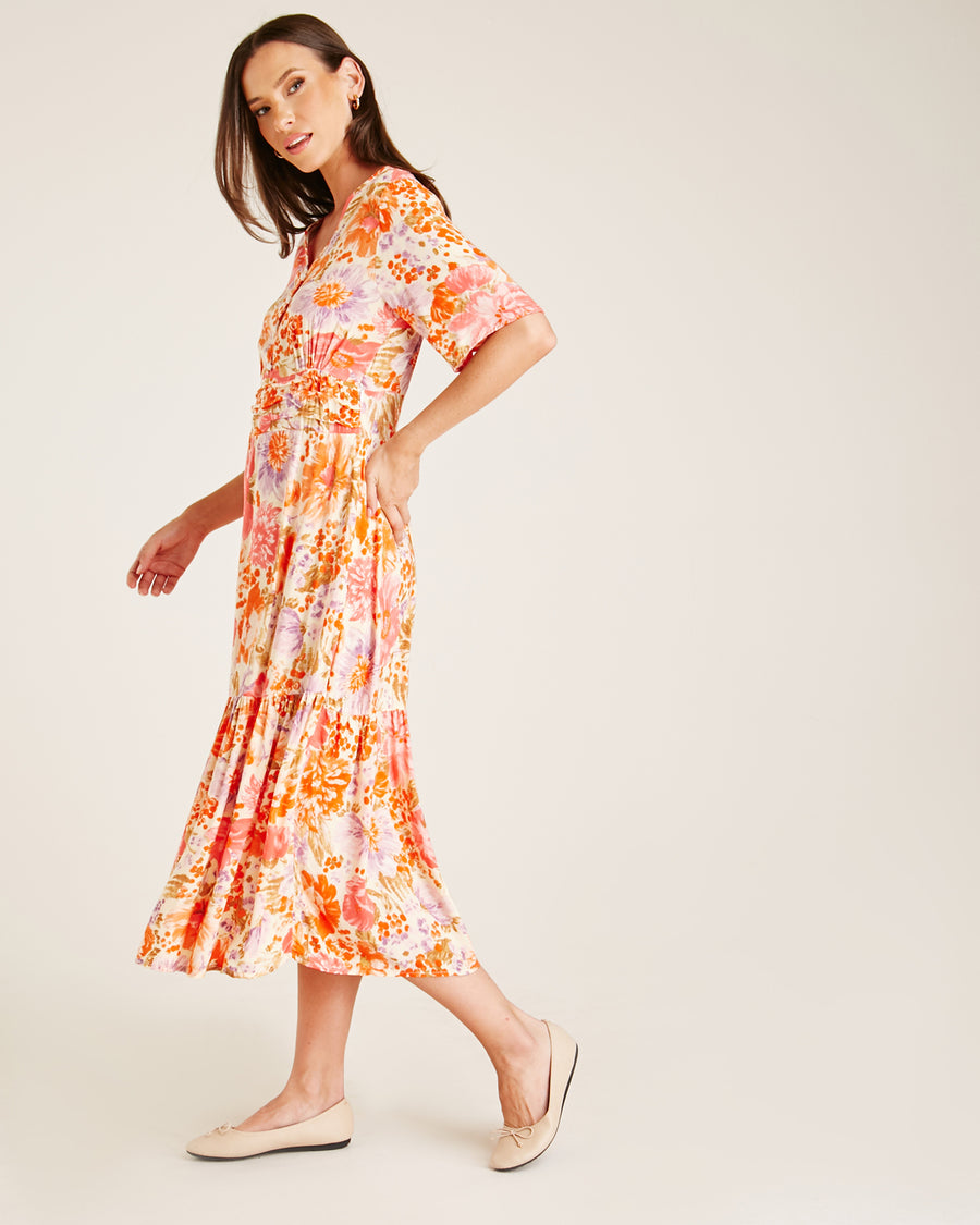 Floral Midi Buttoned Up Neck Dress