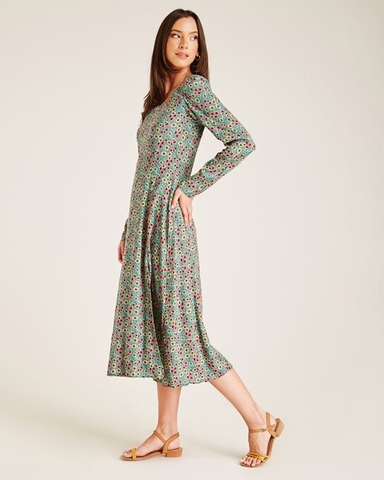 Floral Long Sleeve Slit Dress | Green