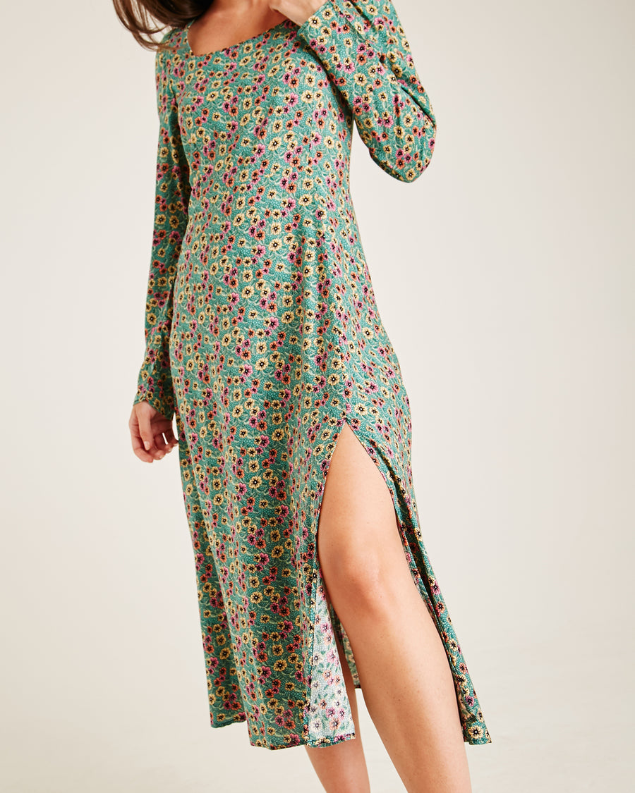 Floral Long Sleeve Slit Dress | Green