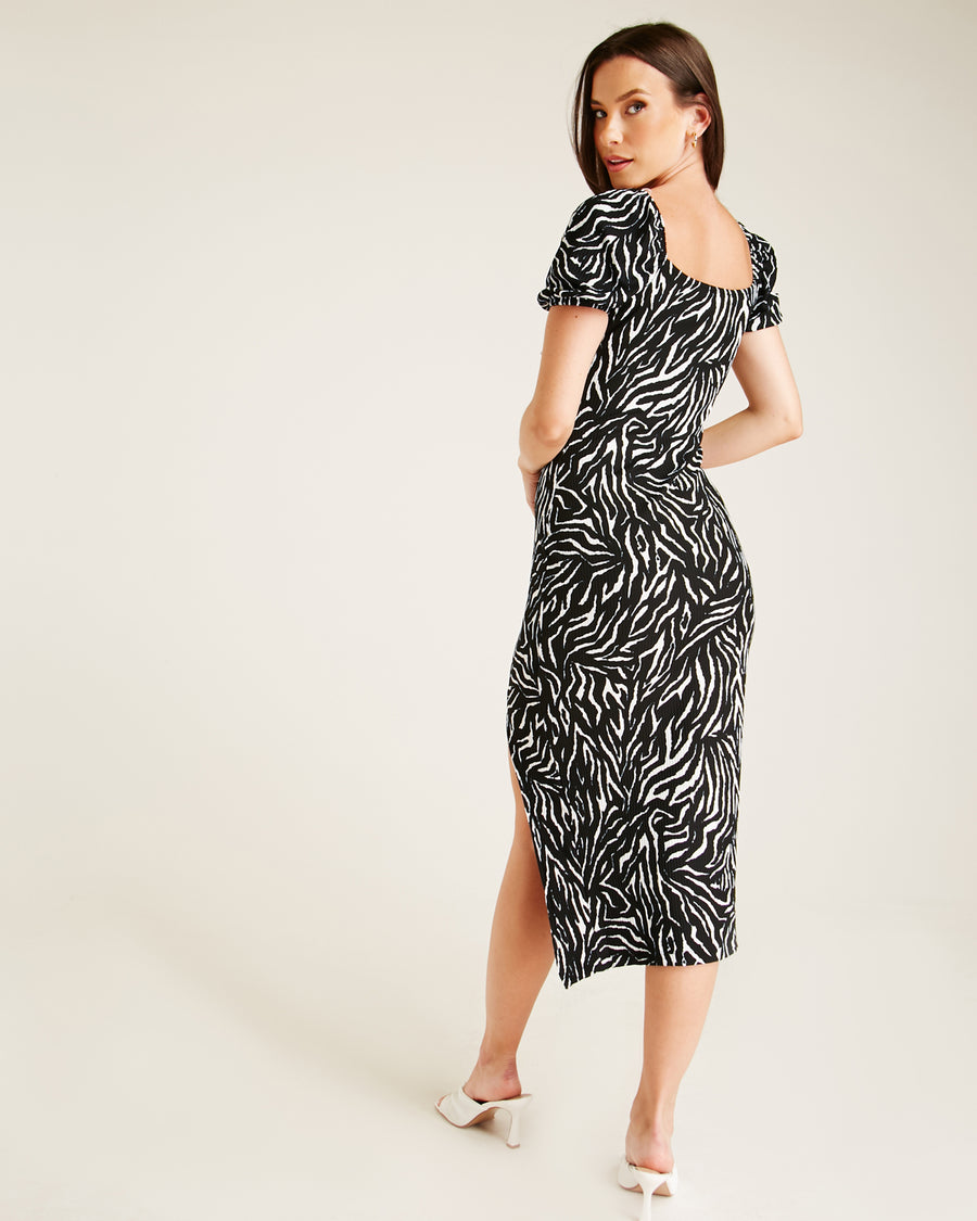 Animal Print Front Slit Midi Dress | Black