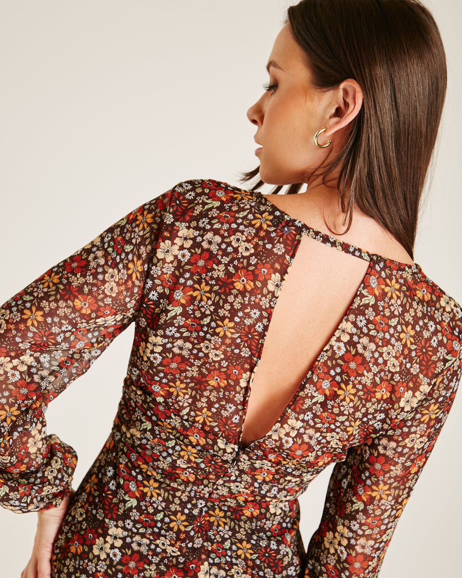 Cut Out Back Floral Midi Dress | Chocolate