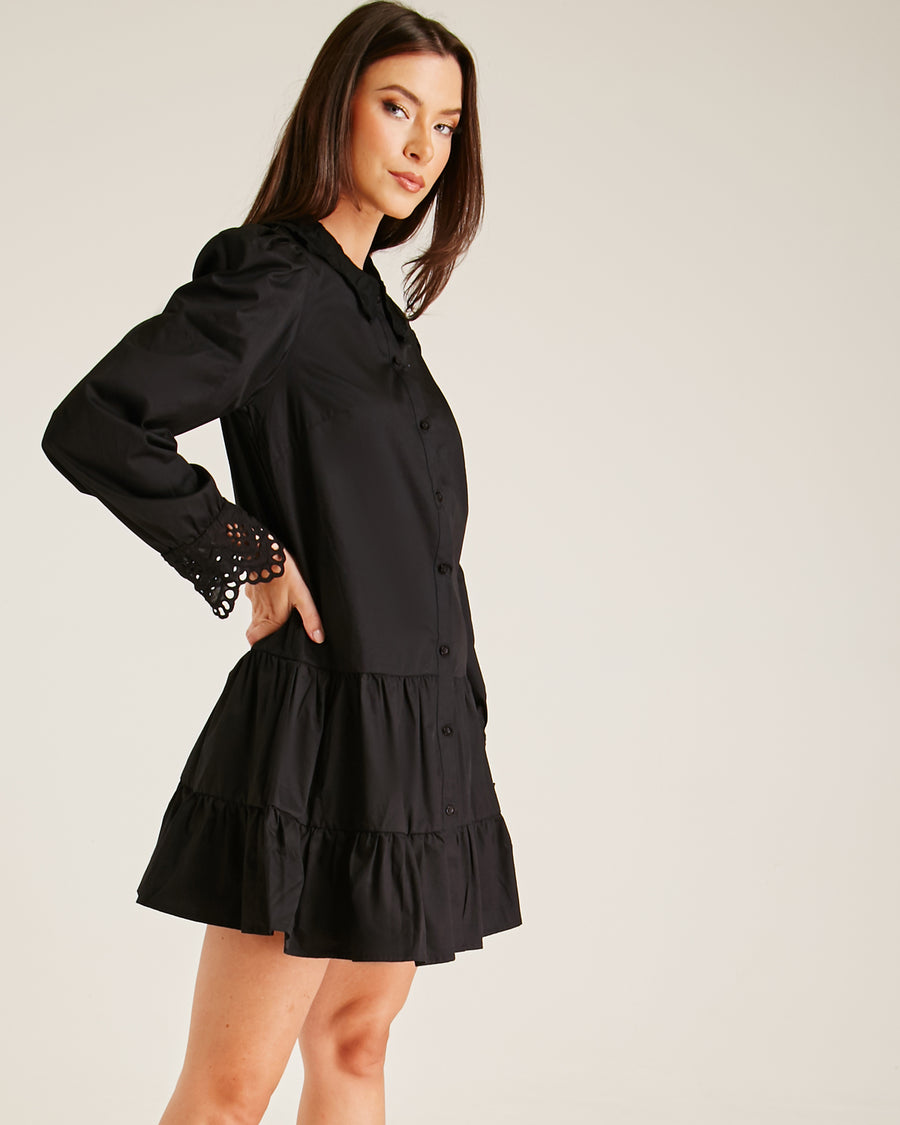 Broderie Trim Smock Mini Dress | Black