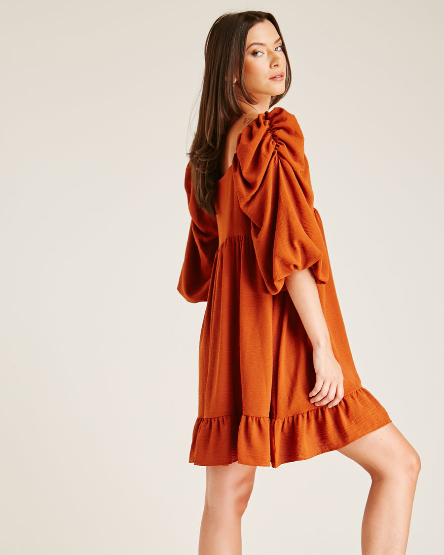 Ruched Sleeve Smock Dress | Rust