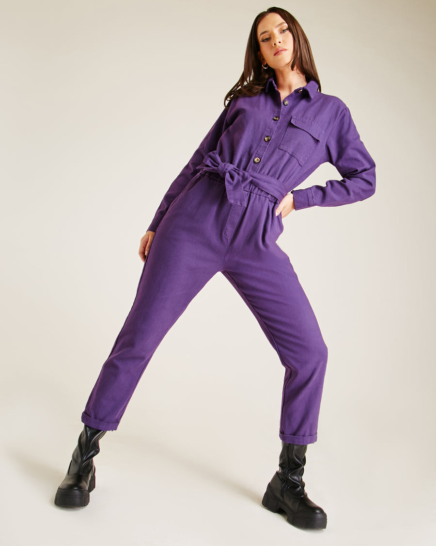 Long Sleeve Straight Fit Denim Jumpsuit | Violet