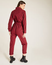 Long Sleeve Straight Fit Denim Jumpsuit | Bordeaux