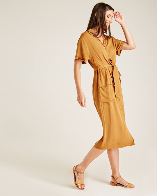 Button Up Short Sleeve Midi Dress | Dark Camel