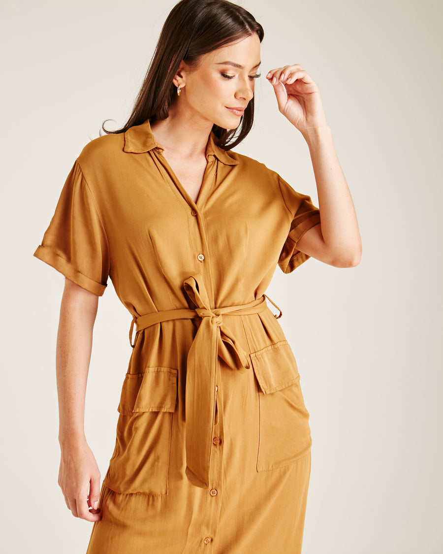 Button Up Short Sleeve Midi Dress | Dark Camel