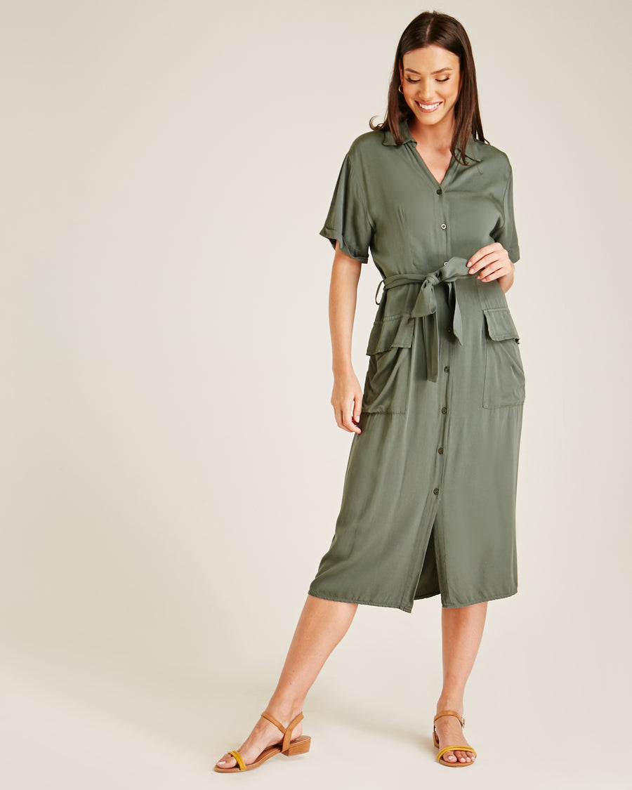 Button Up Short Sleeve Midi Dress | Dark Khaki