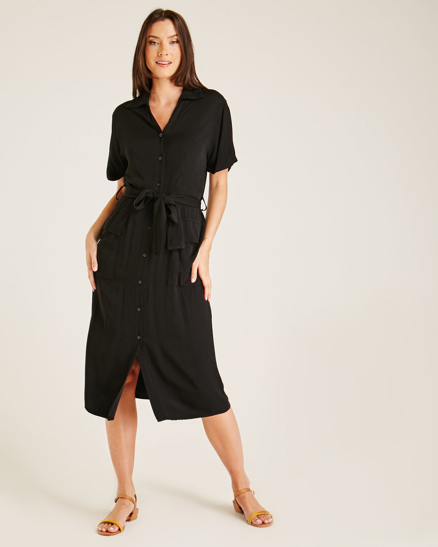Button Up Short Sleeve Midi Dress | Black