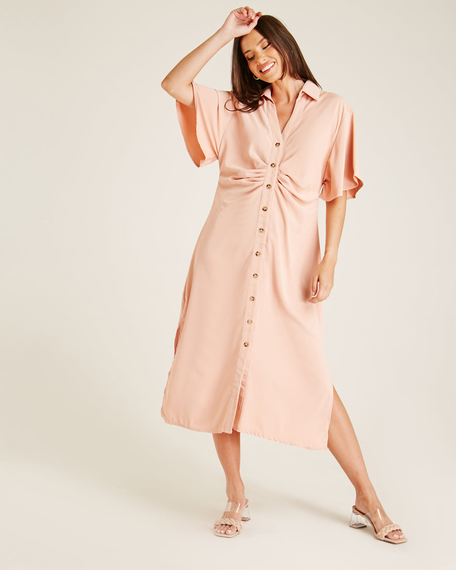 Ruched Front Button Up Dress | Dusty Pink