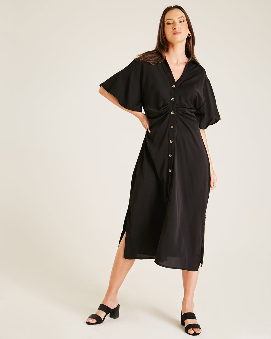Ruched Front Button Up Dress | Black