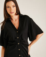 Ruched Front Button Up Dress | Black